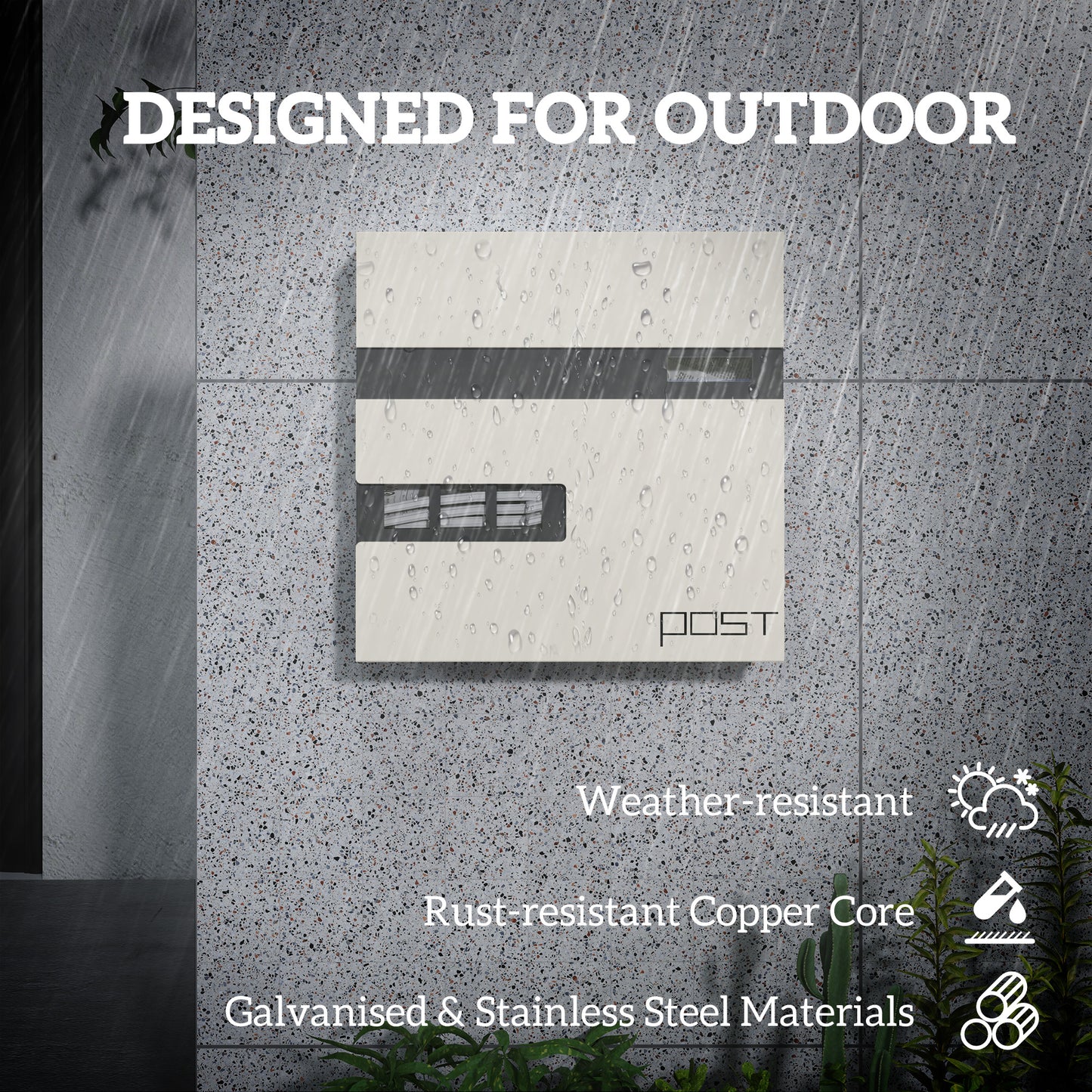 Wall Mounted Post Box, Weatherproof Letterbox with Lock, White