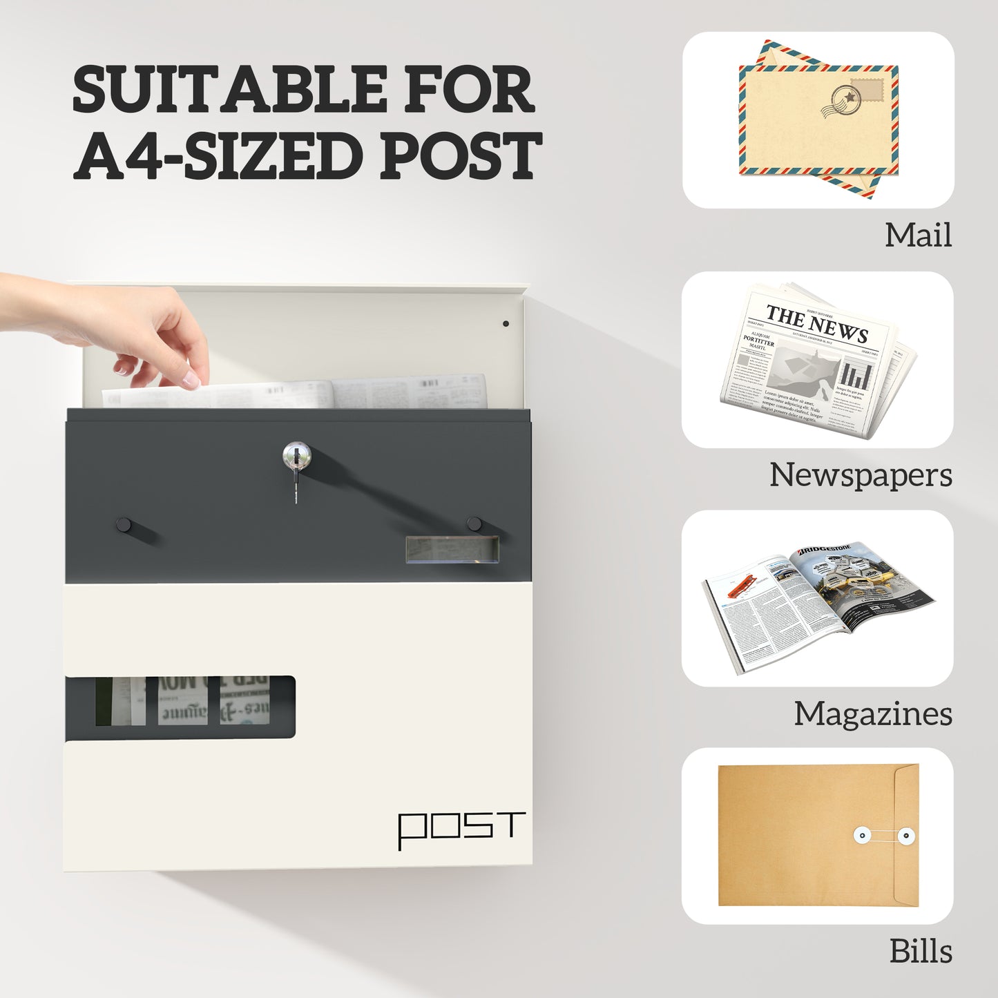 Wall Mounted Post Box, Weatherproof Letterbox with Lock, White