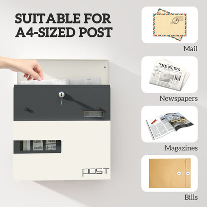 Wall Mounted Post Box, Weatherproof Letterbox with Lock, White