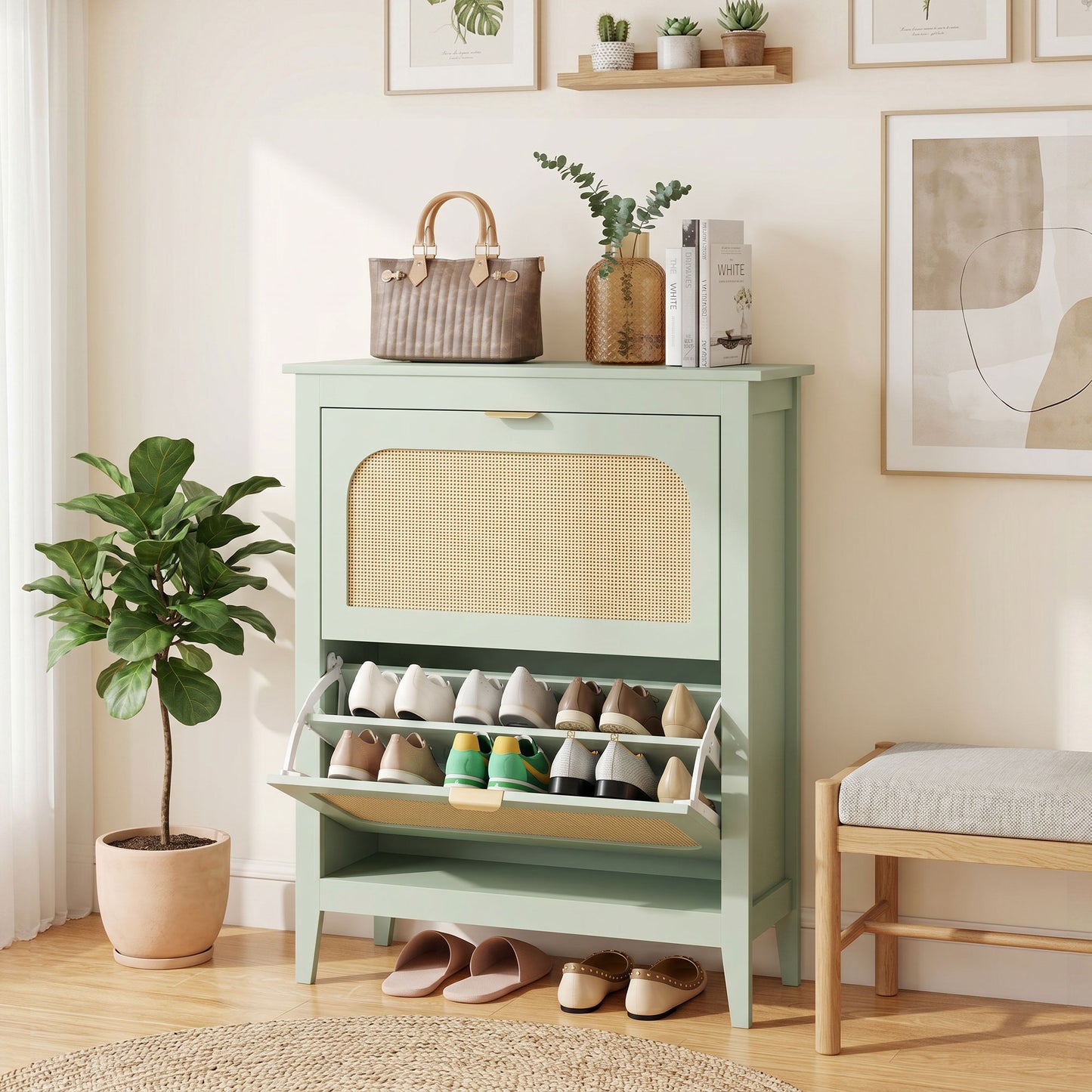 Boho Slim Shoe Cabinet with Rattan Doors, Holds 14 Pairs, Green