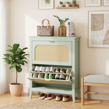 Boho Slim Shoe Cabinet with Rattan Doors, Holds 14 Pairs, Green