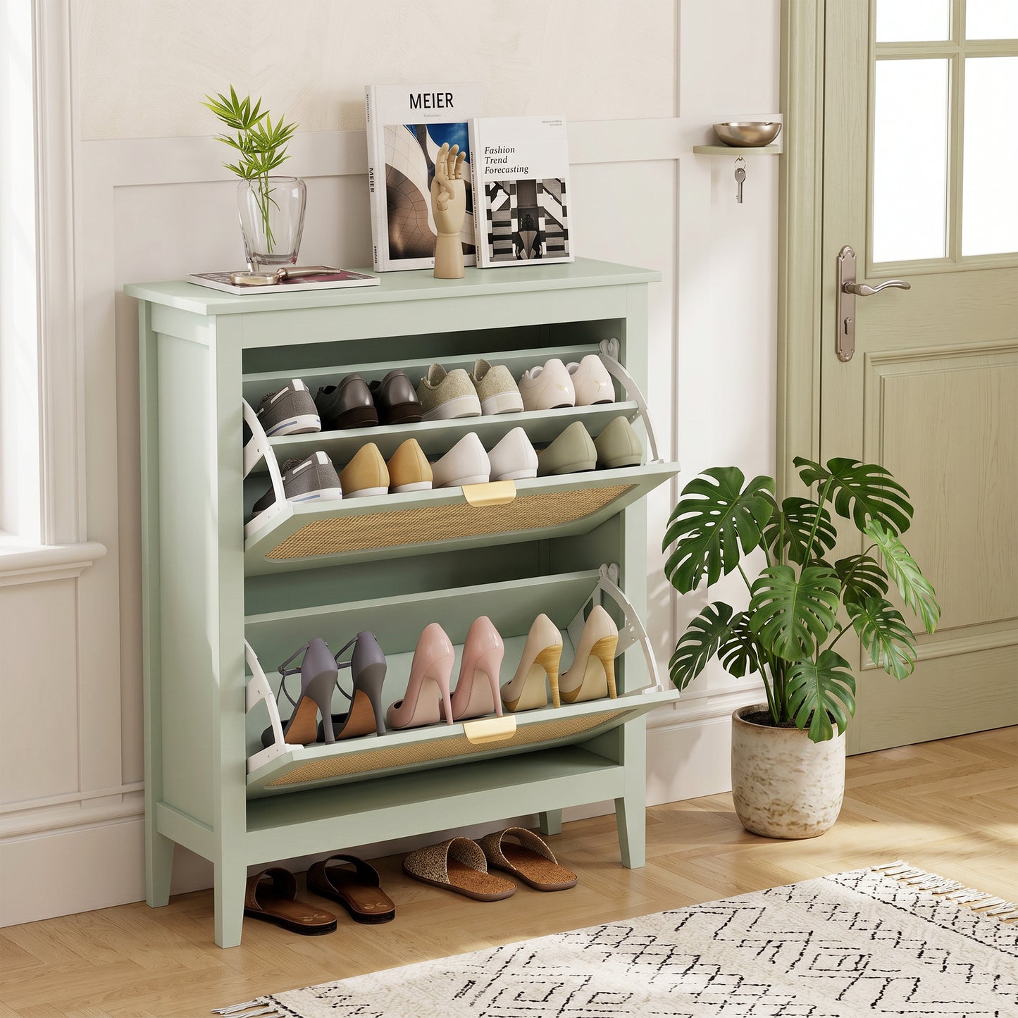 Boho Slim Shoe Cabinet with Rattan Doors, Holds 14 Pairs, Green