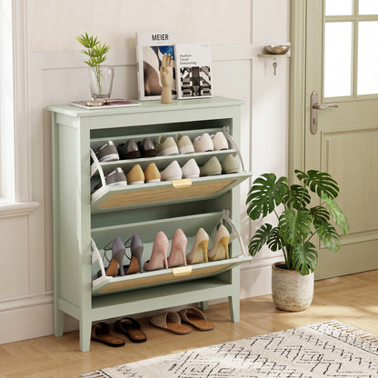 Boho Slim Shoe Cabinet with Rattan Doors, Holds 14 Pairs, Green