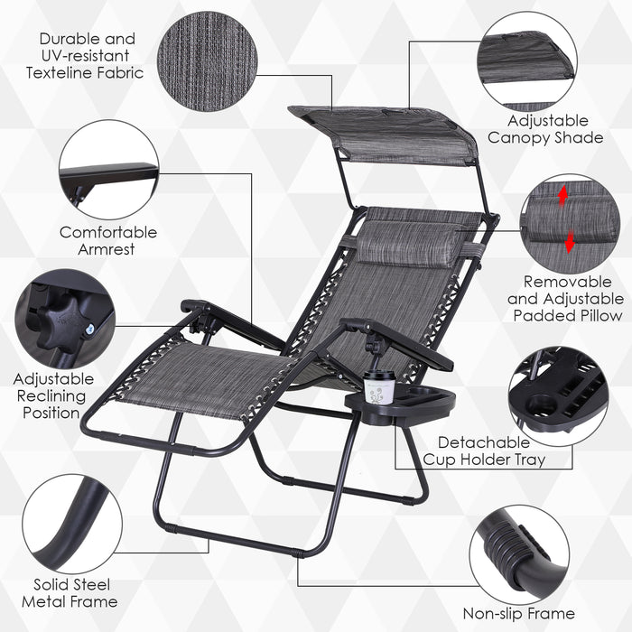 Zero Gravity Garden Deck Folding Chair Patio Sun Lounger Reclining Seat with Cup Holder & Canopy Shade - Grey