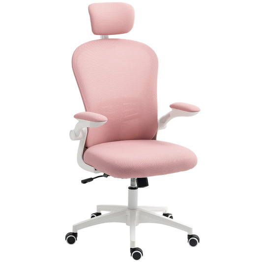 Mesh Chair with Headrest, 4D Lumbar Support, Flip-up Arm, Pink