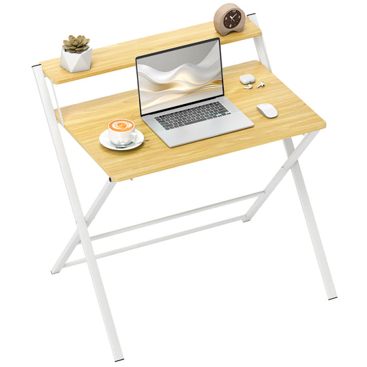 Folding Desk with 2-Tier Shelf for Home Office, Maple Wood-effect