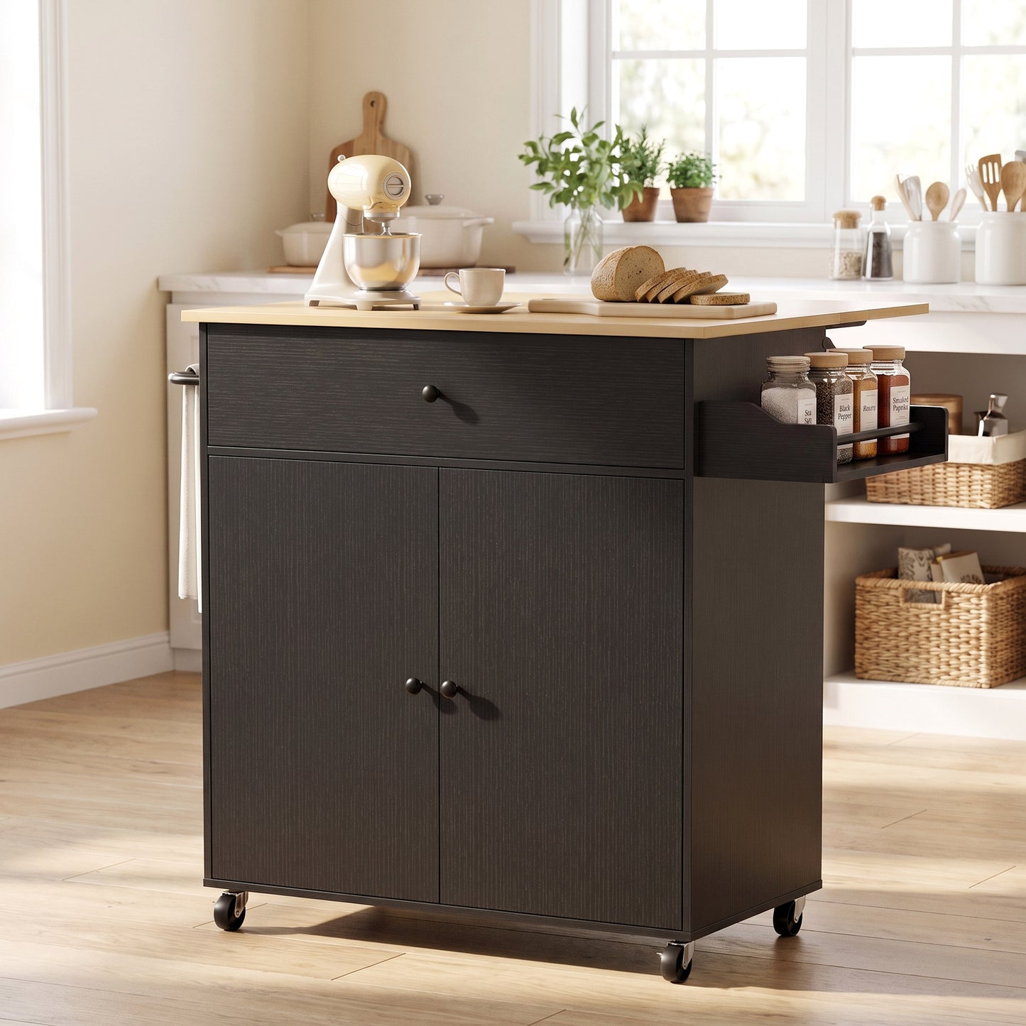 Kitchen Island with Drop Leaf, Rolling Kitchen Storage Trolley, Black