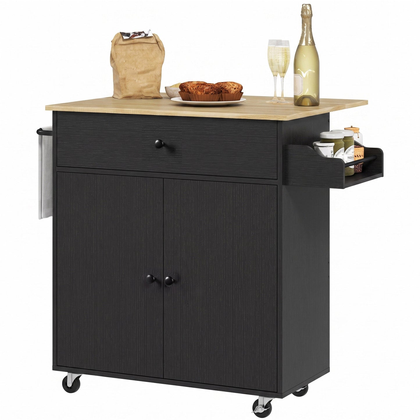 Kitchen Island with Drop Leaf, Rolling Kitchen Storage Trolley, Black