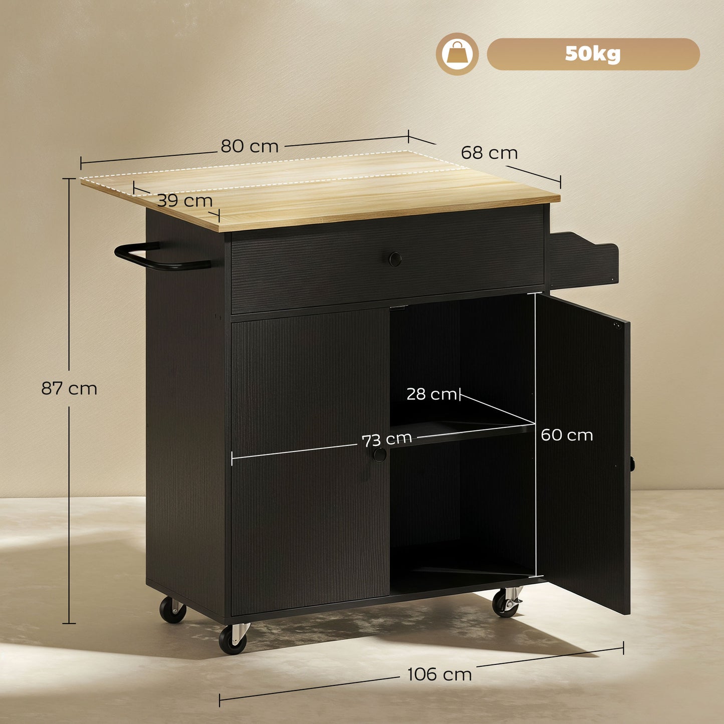 Kitchen Island with Drop Leaf, Rolling Kitchen Storage Trolley, Black