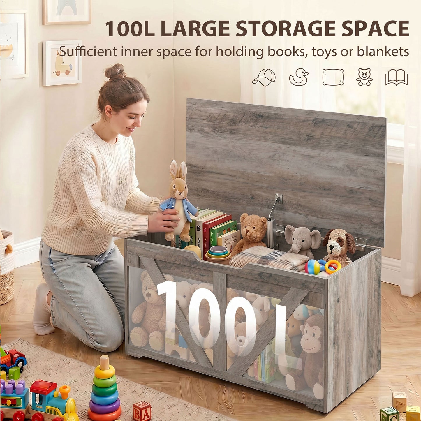Storage Trunk for Living Room, with Safety Hinge, 80cm, Grey