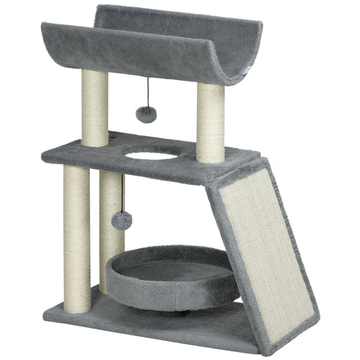 Cat Tree Tower, with Scratching Posts, Pad, Bed, Perch, Toy Ball, Grey