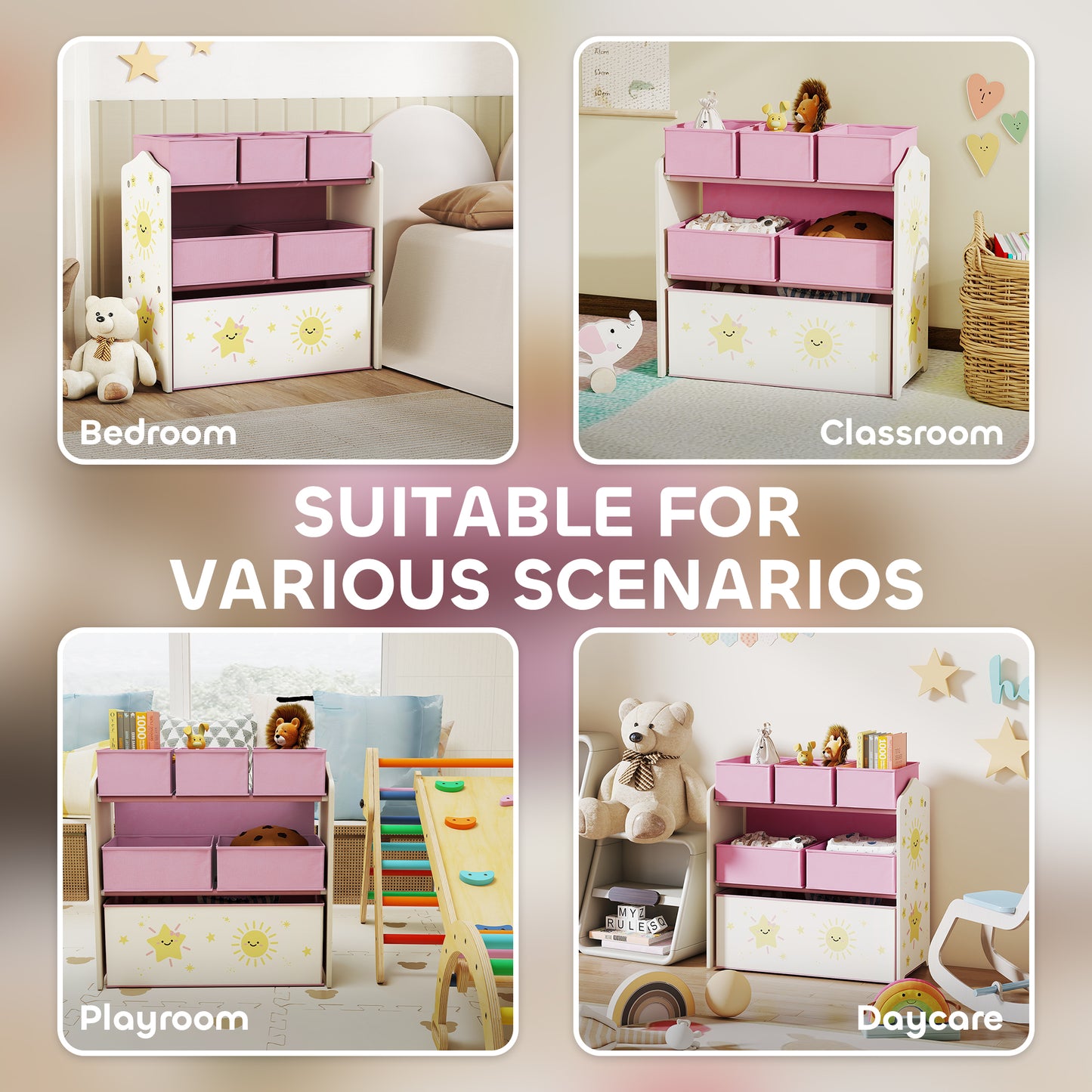 3-Tier Kids Storage Shelf with 6 Removable Fabric Boxes, Pink