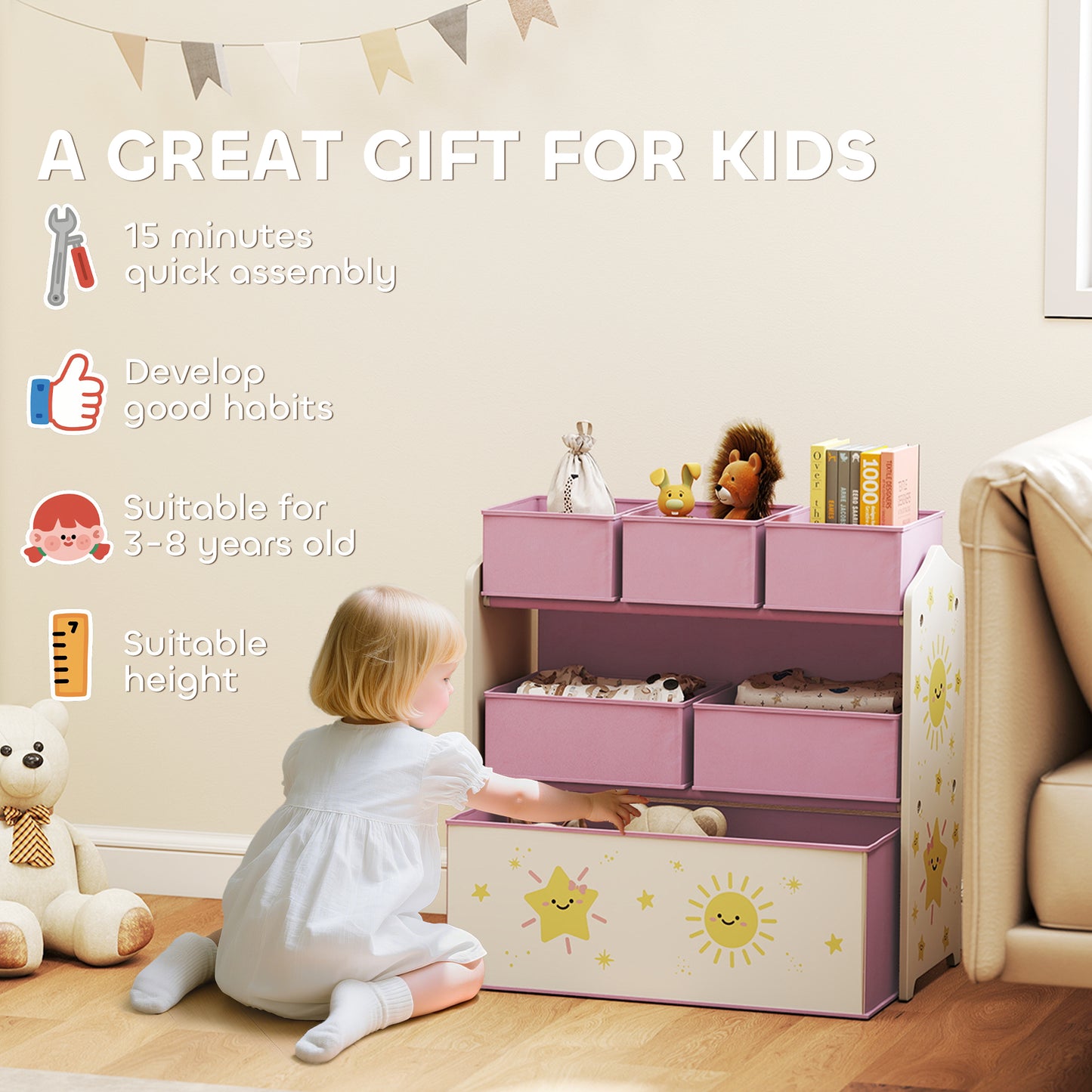 3-Tier Kids Storage Shelf with 6 Removable Fabric Boxes, Pink