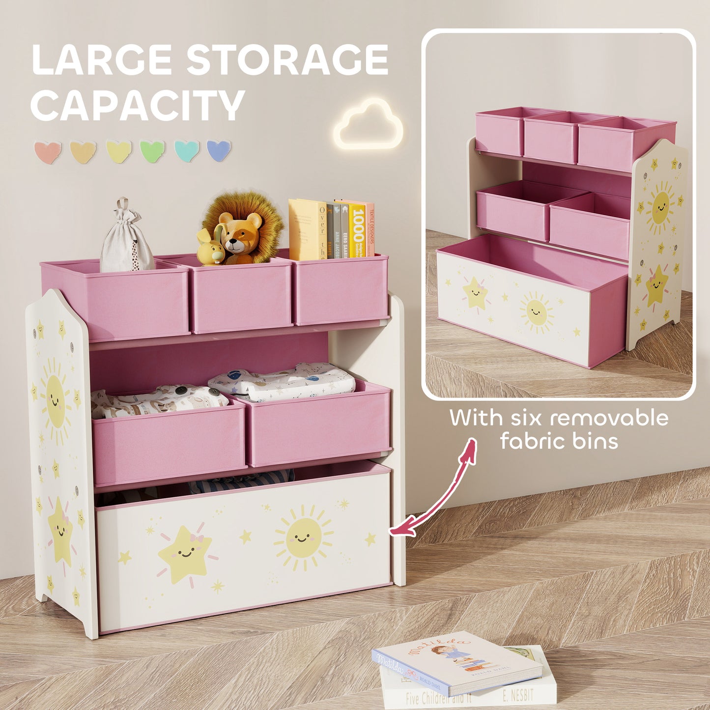 3-Tier Kids Storage Shelf with 6 Removable Fabric Boxes, Pink