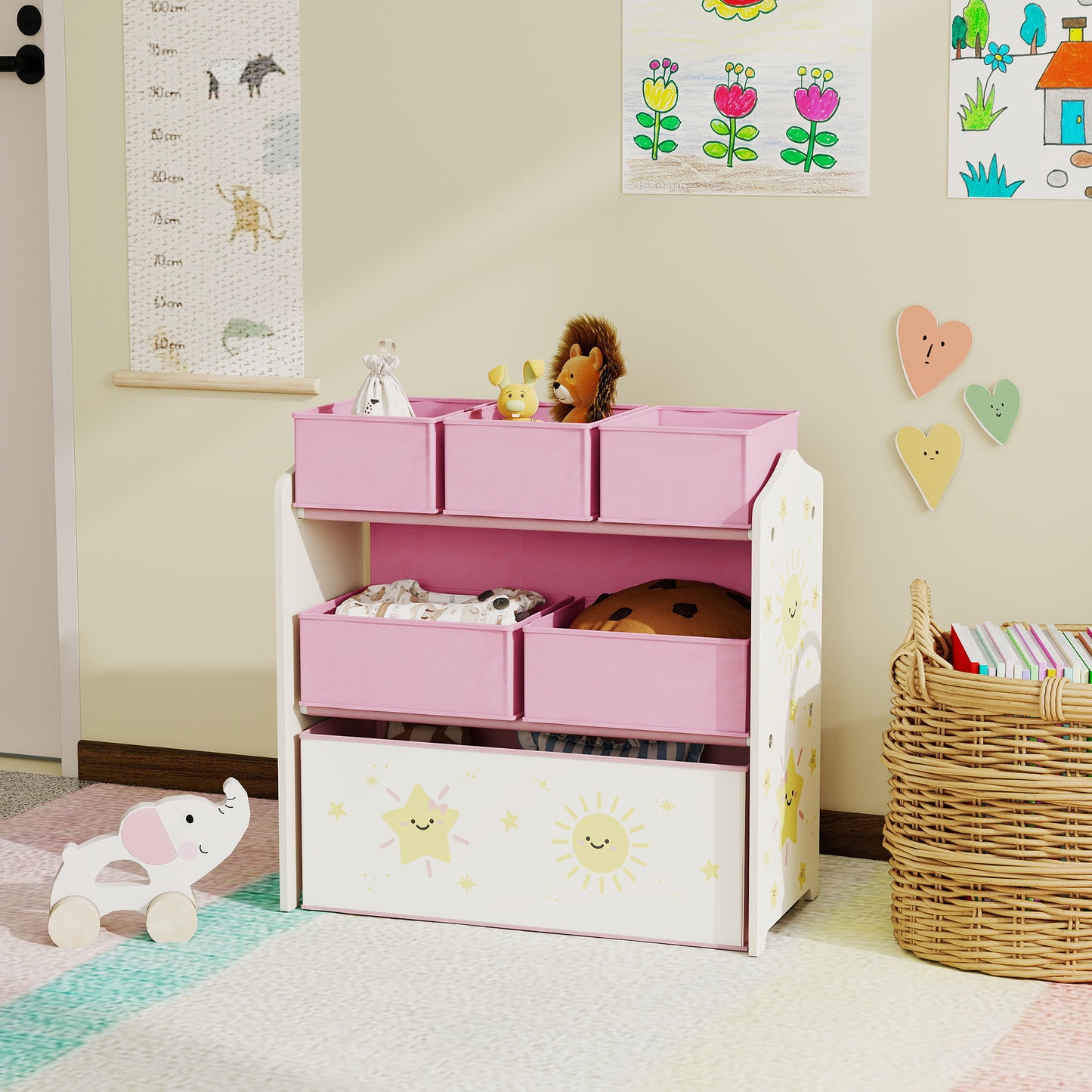 3-Tier Kids Storage Shelf with 6 Removable Fabric Boxes, Pink