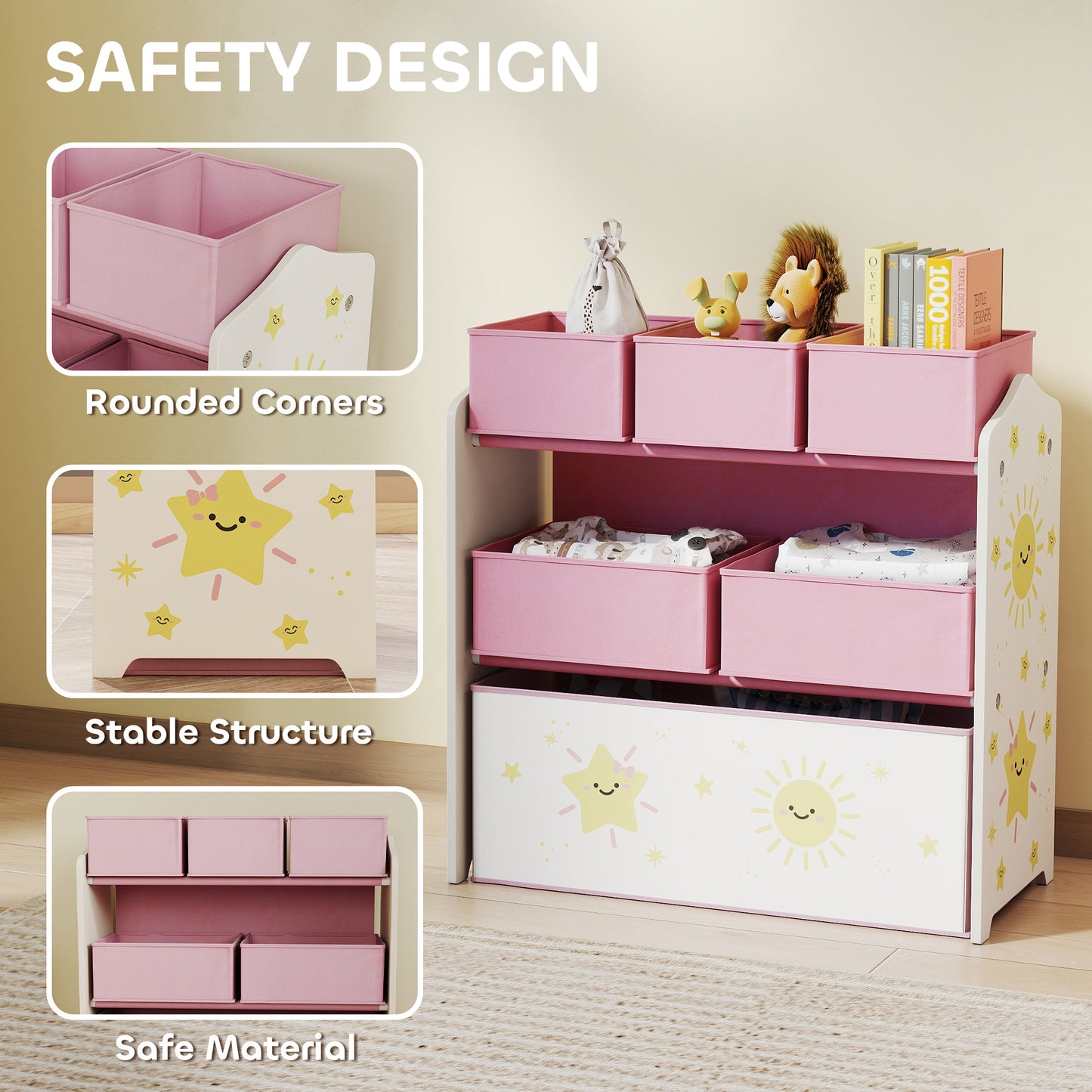 3-Tier Kids Storage Shelf with 6 Removable Fabric Boxes, Pink