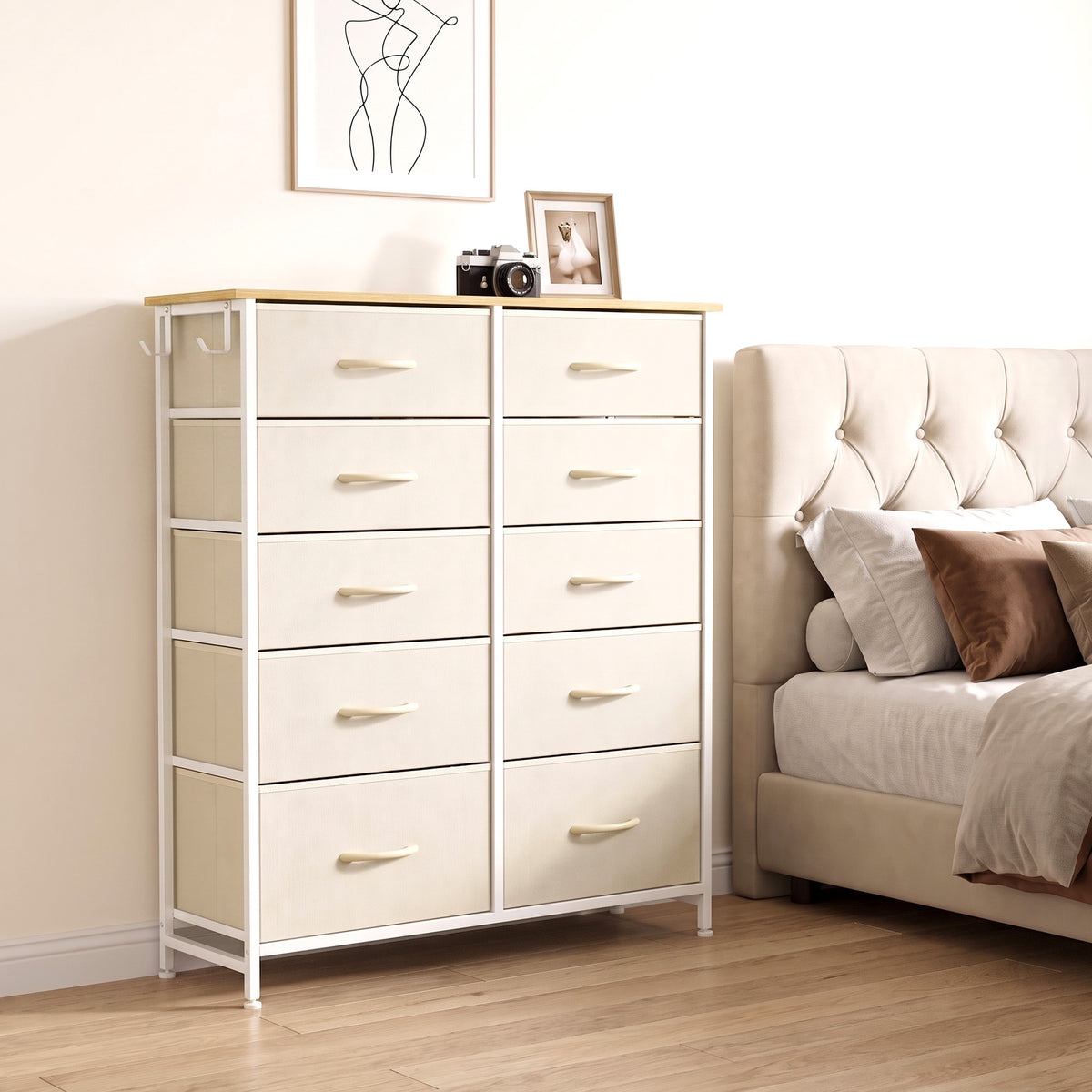 Fabric Chest of Drawers, 10 Drawer Dresser for Bedroom, Beige