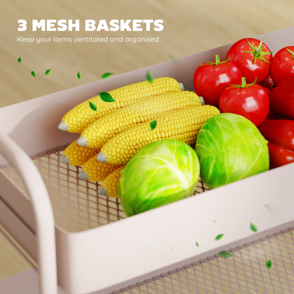 3-Tier Storage Trolley, Storage Cart with Mesh Backets, Wheels