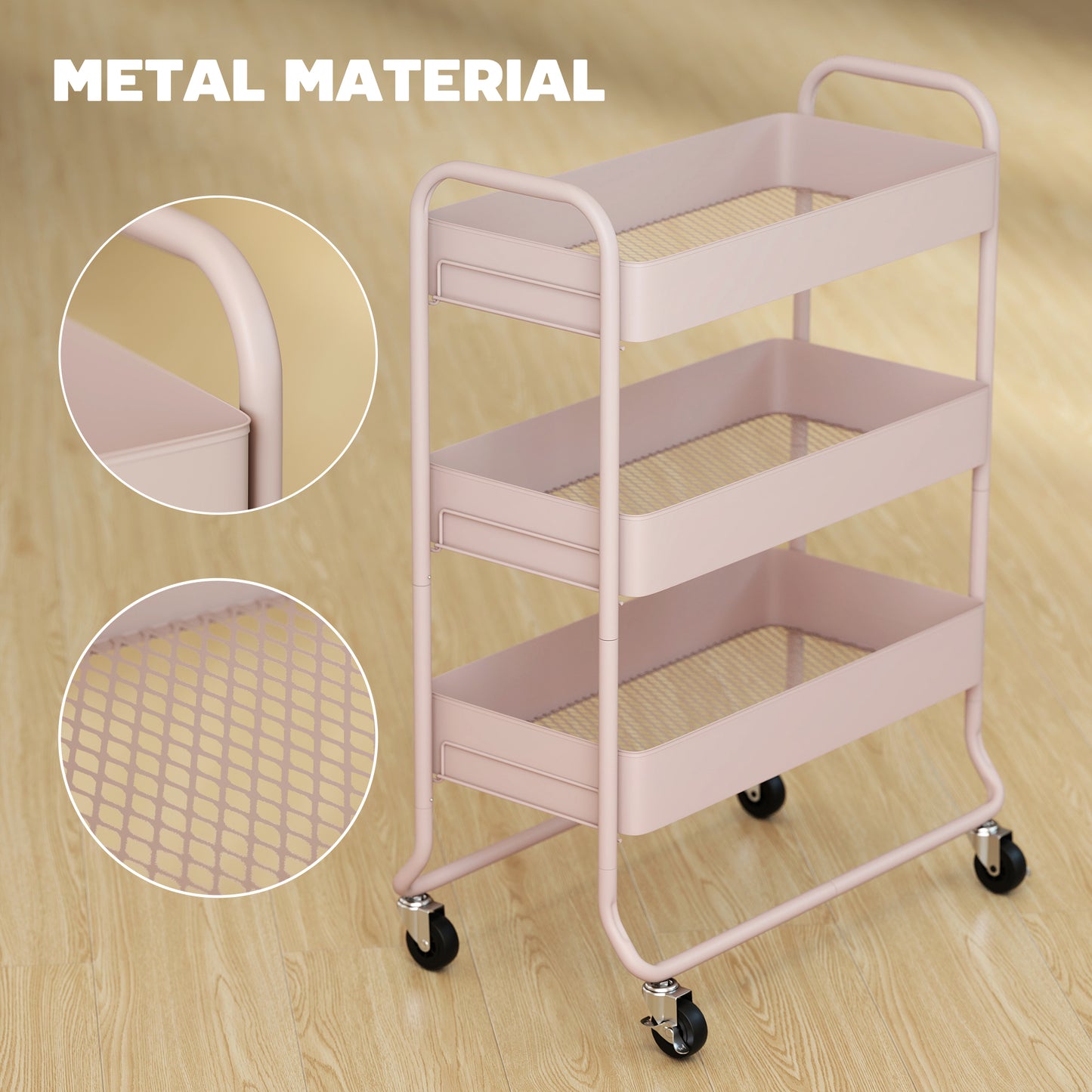 3-Tier Storage Trolley, Storage Cart with Mesh Backets, Wheels