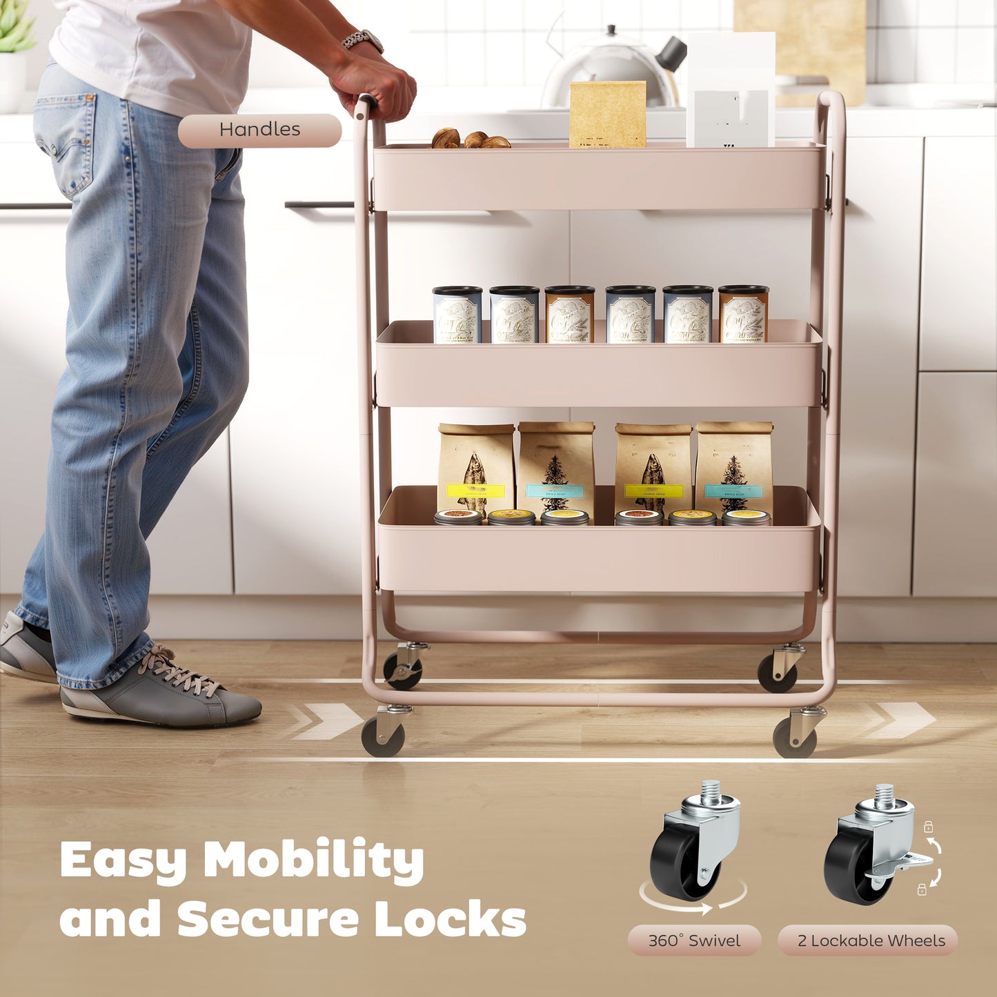 3-Tier Storage Trolley, Storage Cart with Mesh Backets, Wheels