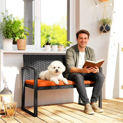 2 Seater Rattan Garden Bench with Cushion, Steel Frame, Orange
