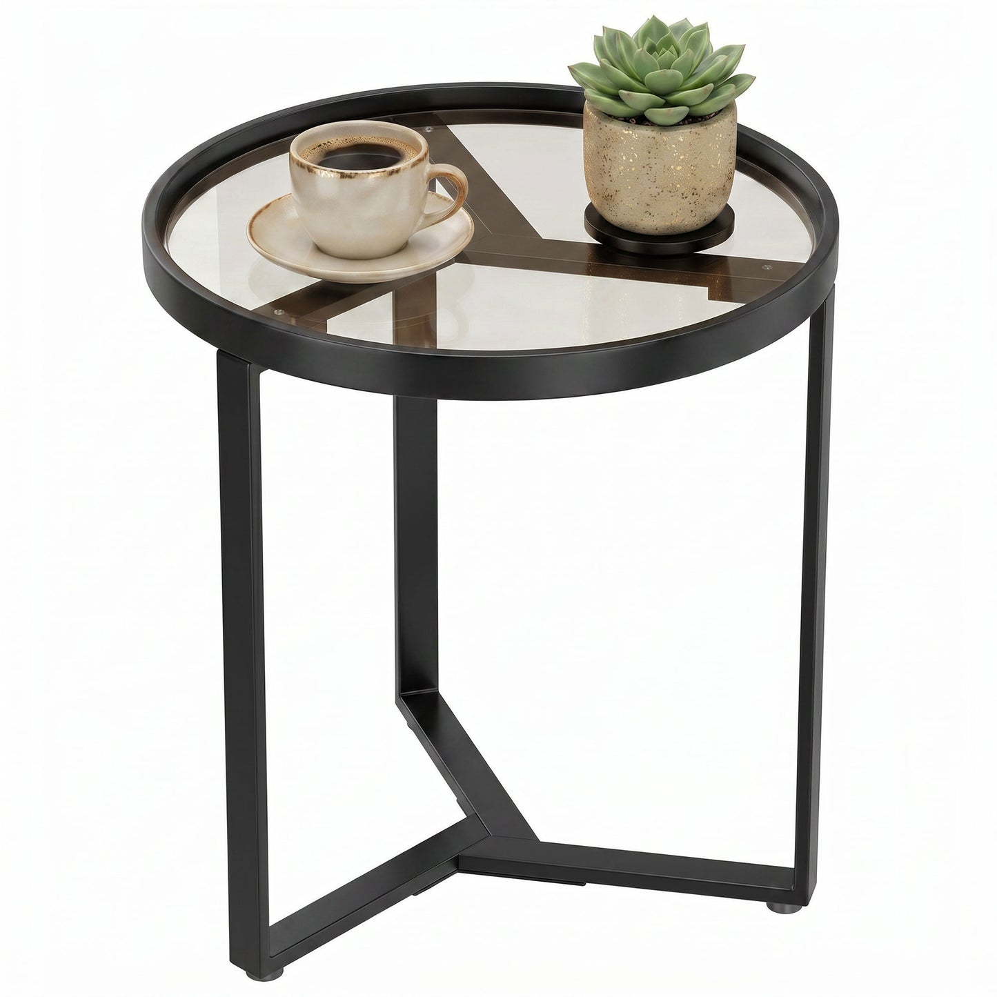 Round Side Table with Tempered Glass Top, Modern End Table with Geometric Metal Frame for Small Space, Living Room and Bedroom, Black
