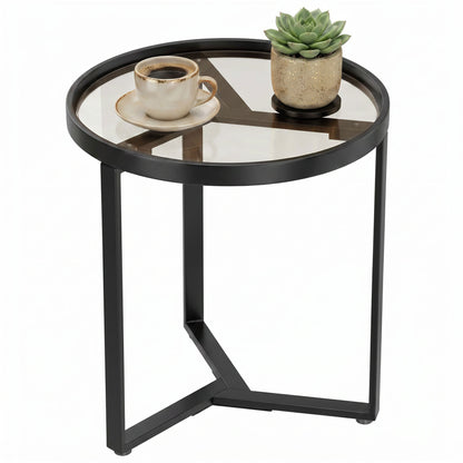 Round Side Table with Tempered Glass Top, Modern End Table with Geometric Metal Frame for Small Space, Living Room and Bedroom, Black