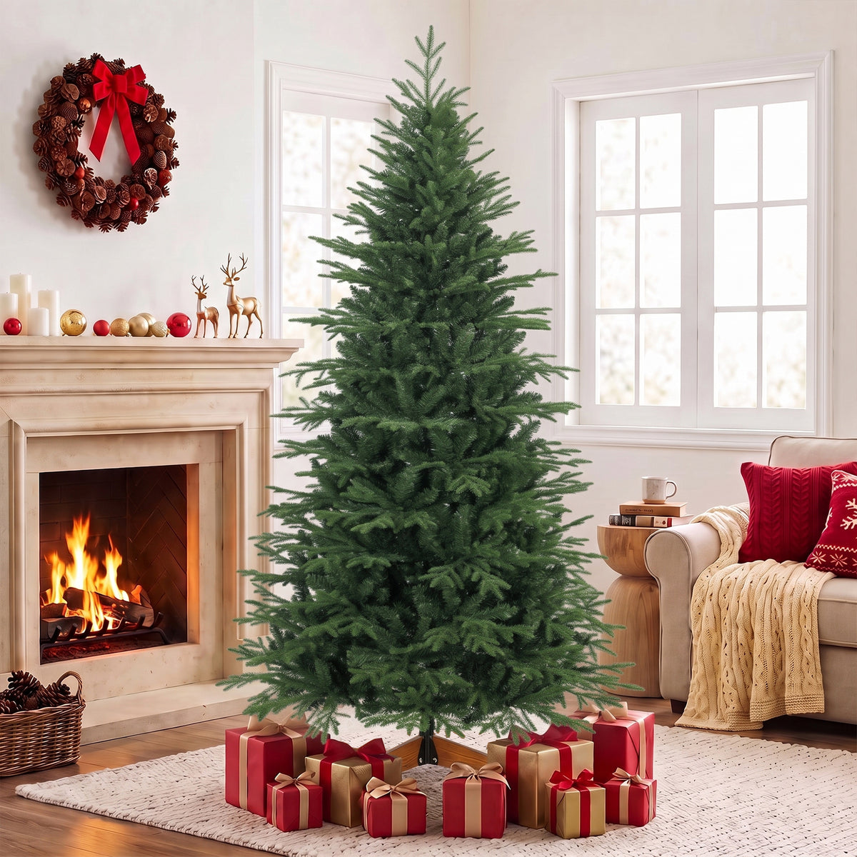 7ft Artificial Christmas Tree Solid Pine Wood Stand, Green