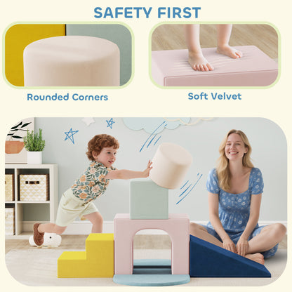 Soft Play Set, 8 Piece Foam Climbing Blocks for Toddler 0.5-3 Years, Soft Play Equipment with Washable Velvet Covers for Climbing and Crawling, Blue
