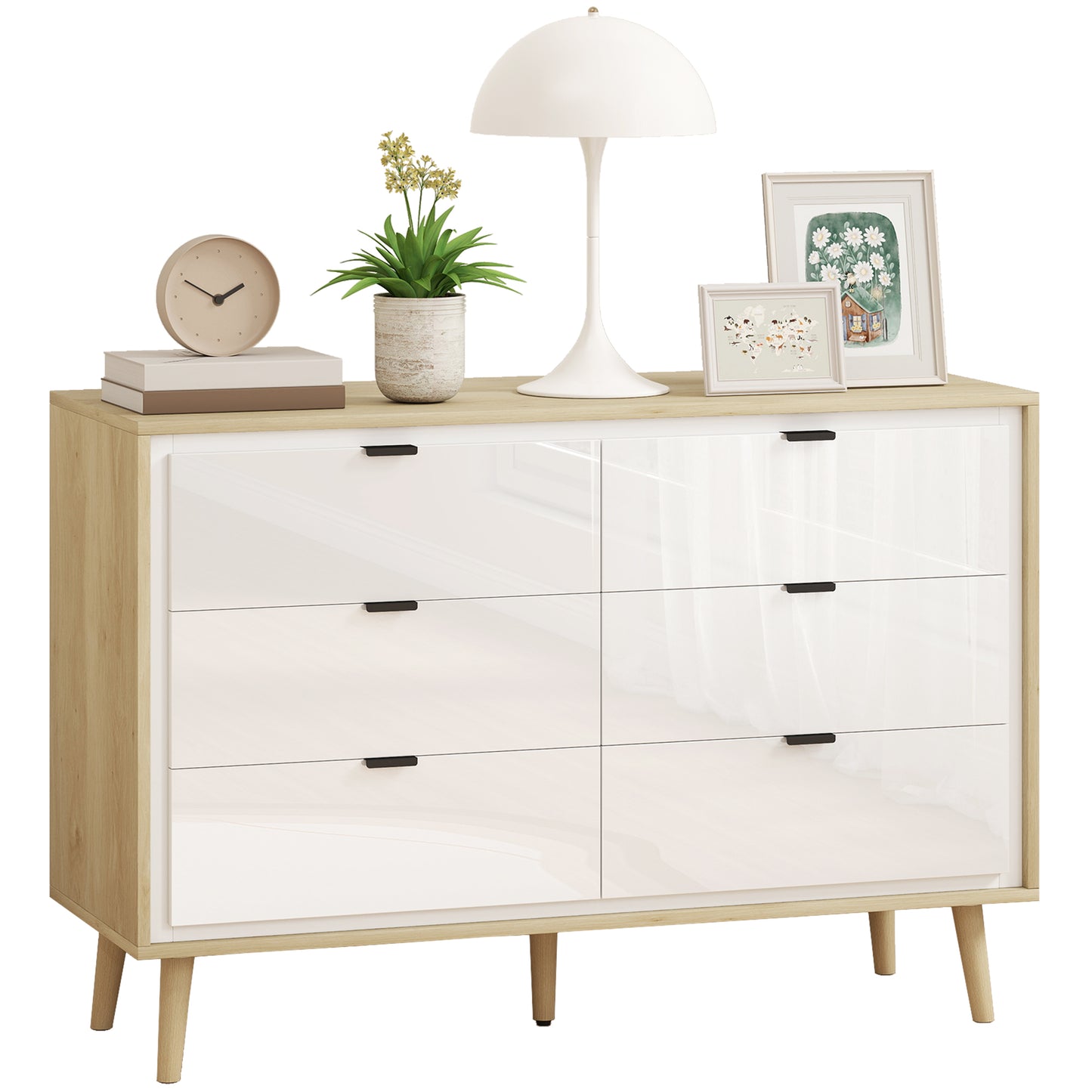 Storage Cabinet with 6 Drawers and 5 Legs, High Gloss White