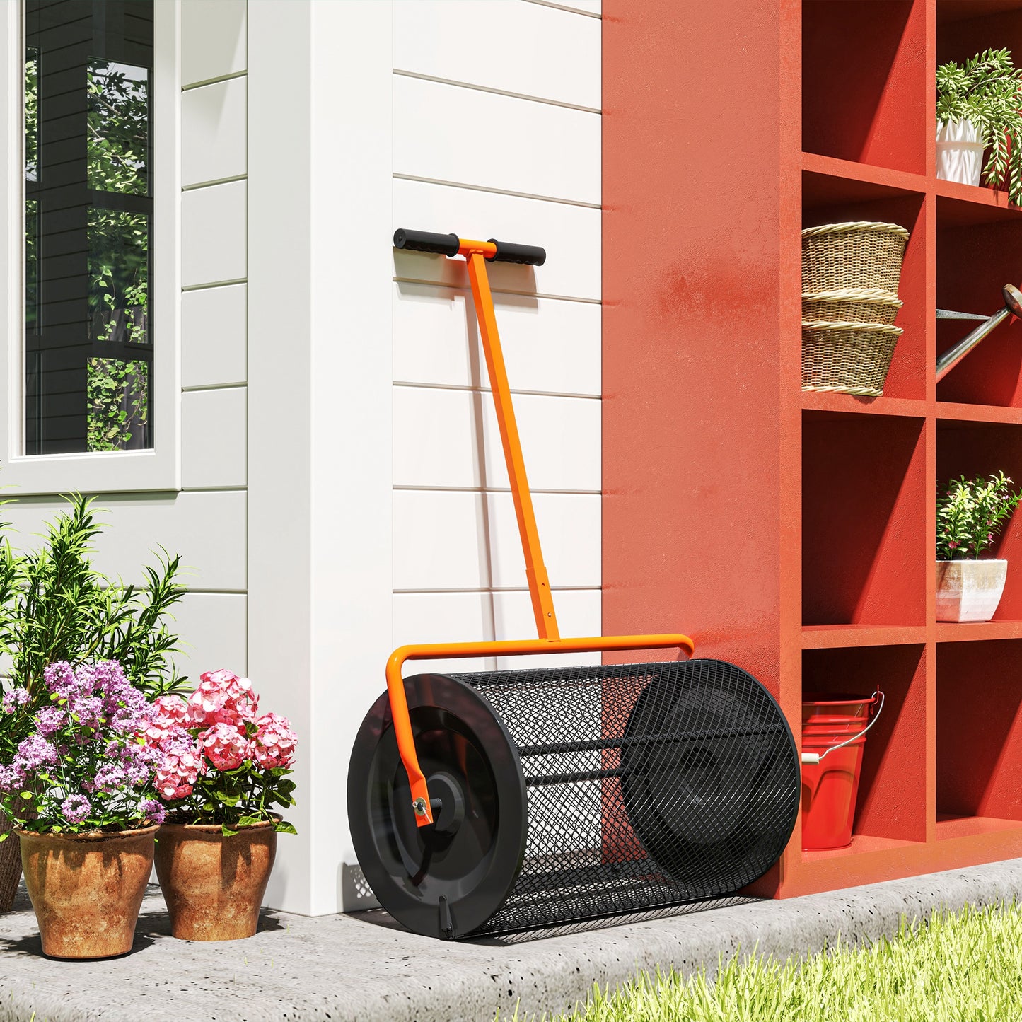 Compost Spreader, 24" Garden Spreader w/ Height Adjustable Handle