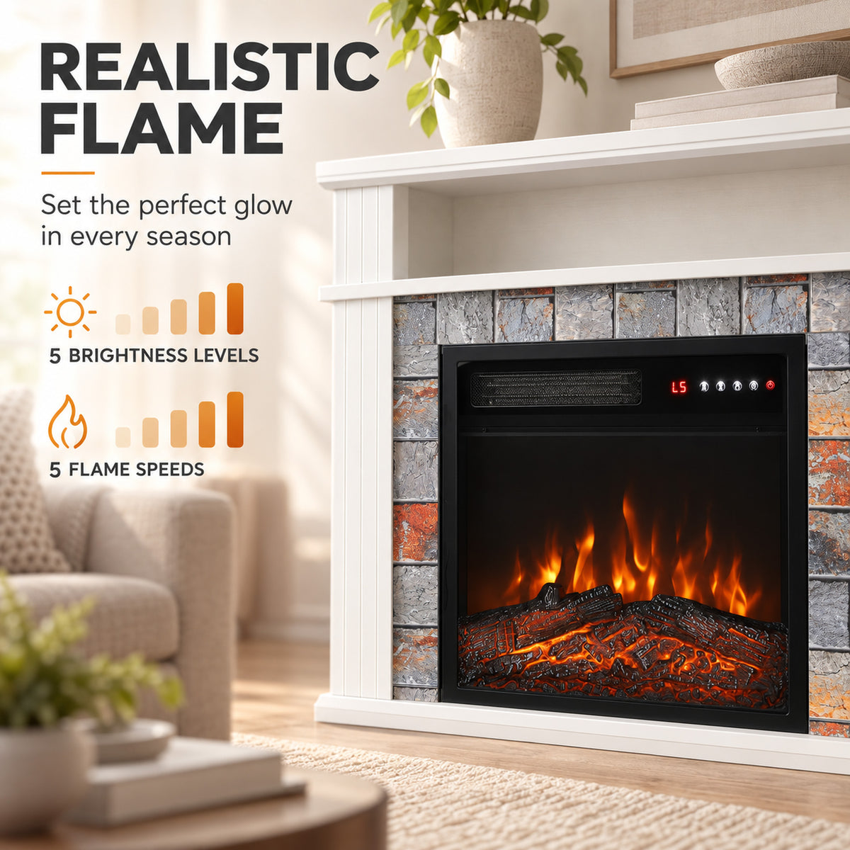 Electric Fireplace Suite with TV Stand, Shelf & Remote - White With Roman Side Pillars