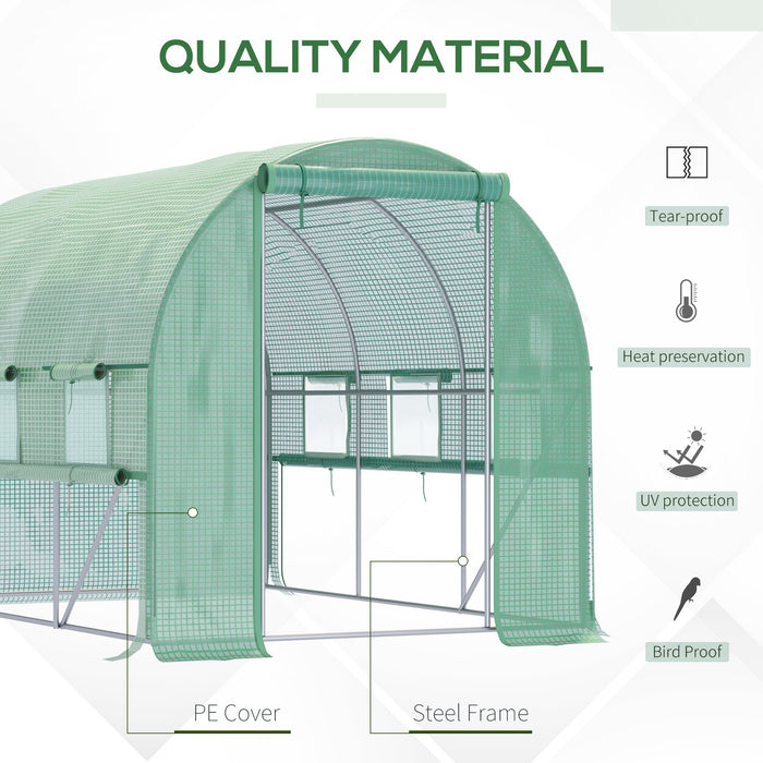 Walk In Greenhouse, Garden Polytunnel with PE Cover, Zipped Roll Up Door and 6 Mesh Windows, 3x2x2m, Green