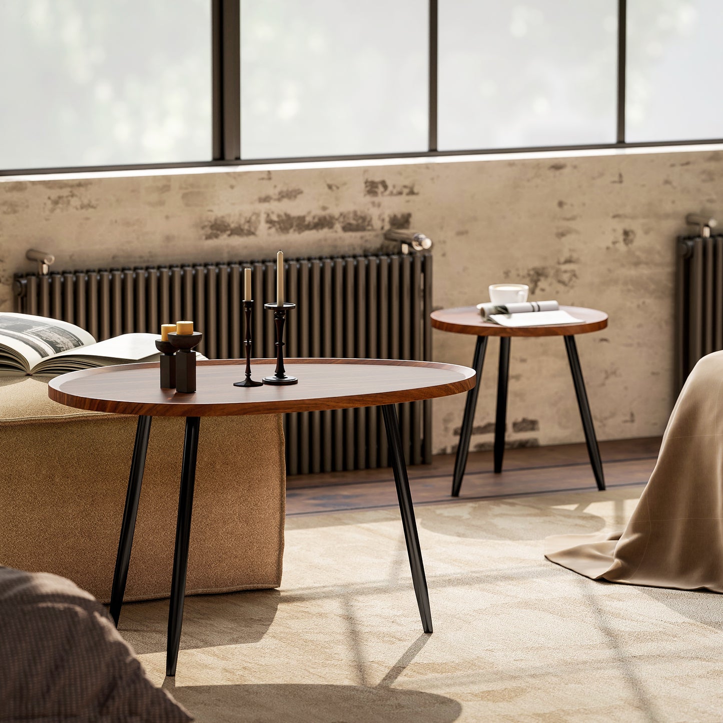 2 80cm Sofa Side Table Set of 2 with Metal Legs, Chestnut Wood Effect