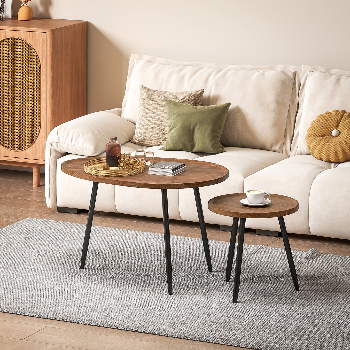 2 80cm Sofa Side Table Set of 2 with Metal Legs, Chestnut Wood Effect