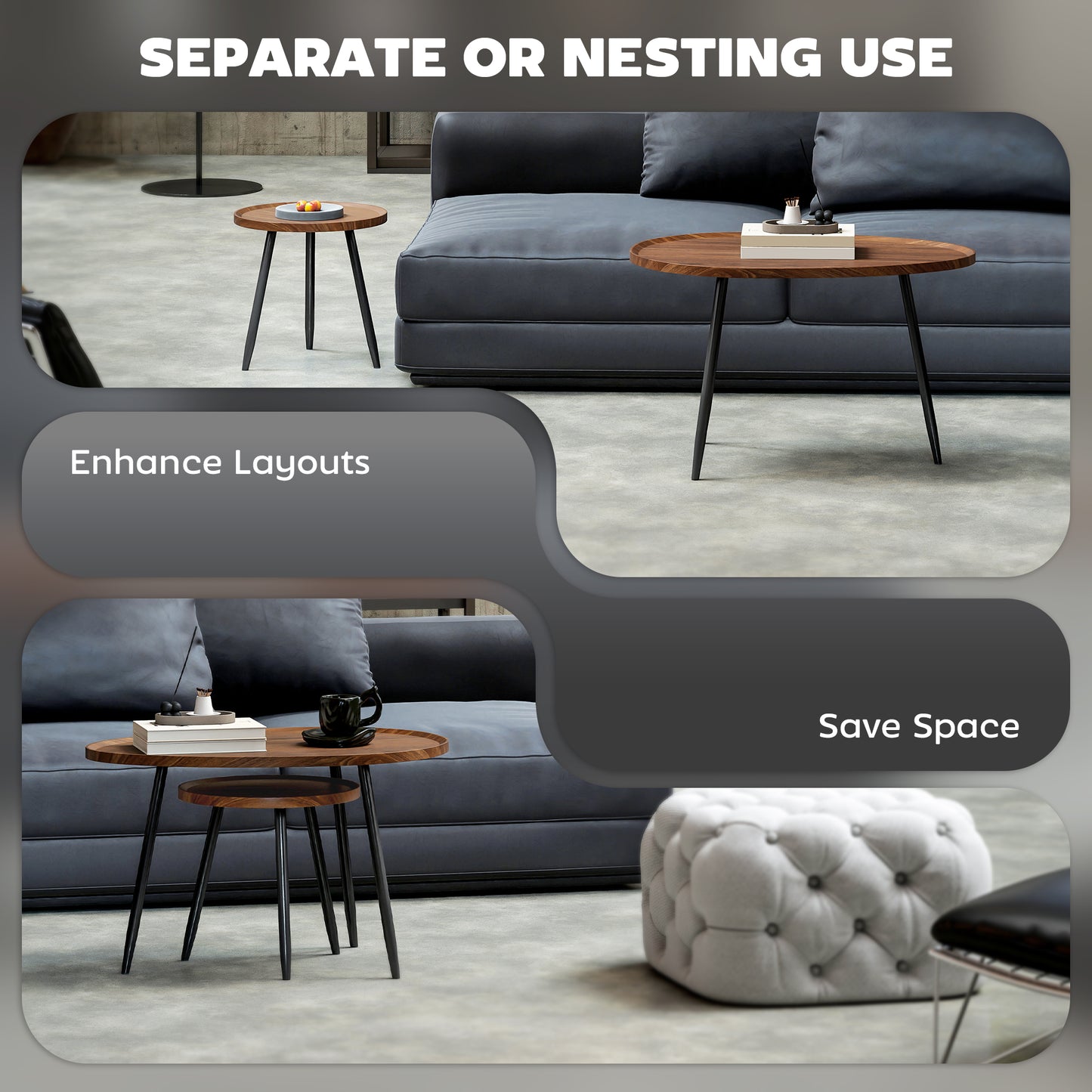 2 80cm Sofa Side Table Set of 2 with Metal Legs, Chestnut Wood Effect