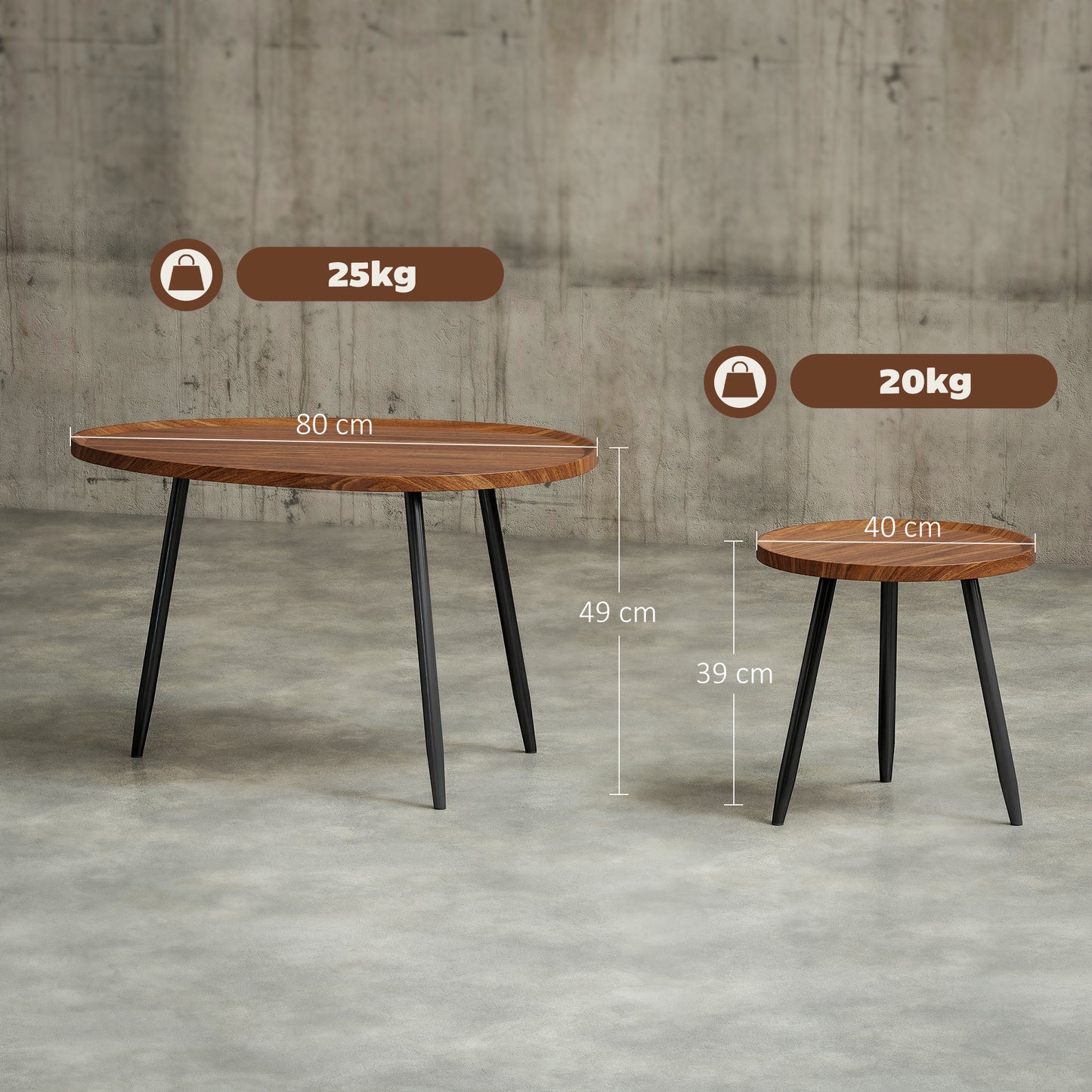 2 80cm Sofa Side Table Set of 2 with Metal Legs, Chestnut Wood Effect