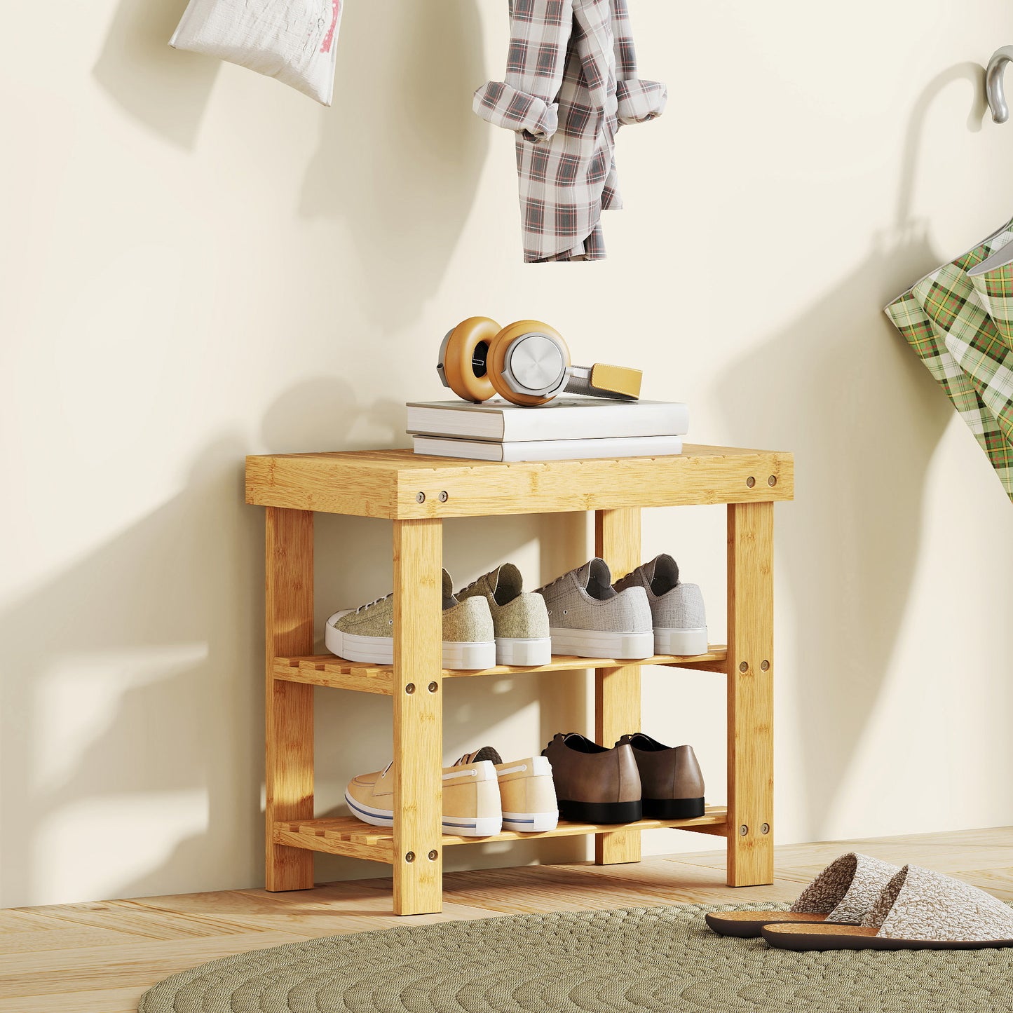 3-Tier Bamboo Shoe Bench with 2 Shelves for Entryway, Wood Finish