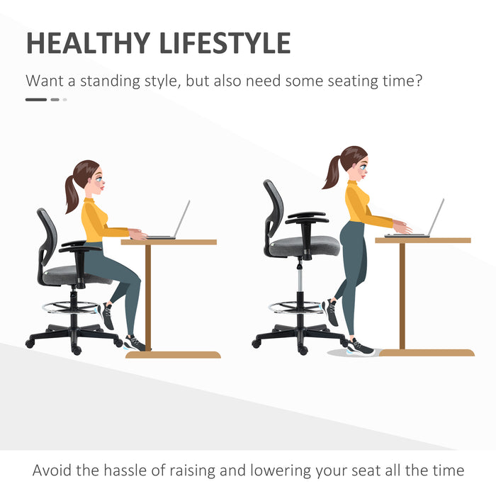 Drafting Chair Tall Office Fabric Standing Desk Chair with Adjustable Footrest Ring, Arm, Swivel Wheels, Grey