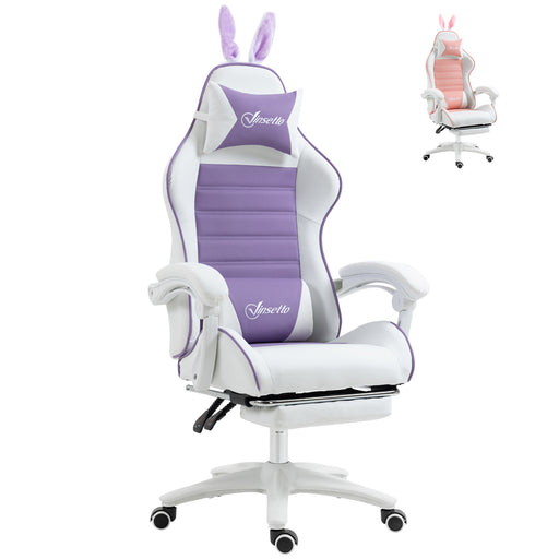 Racing Gaming Chair, Reclining PU Leather Computer Chair with Removable Rabbit Ears, Footrest, Headrest and Lumber Support, Purple