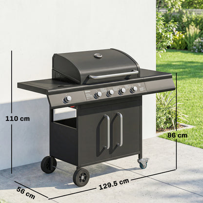 Burner Gas BBQ Grill, Gas Barbecue Trolley with Side Table, Black