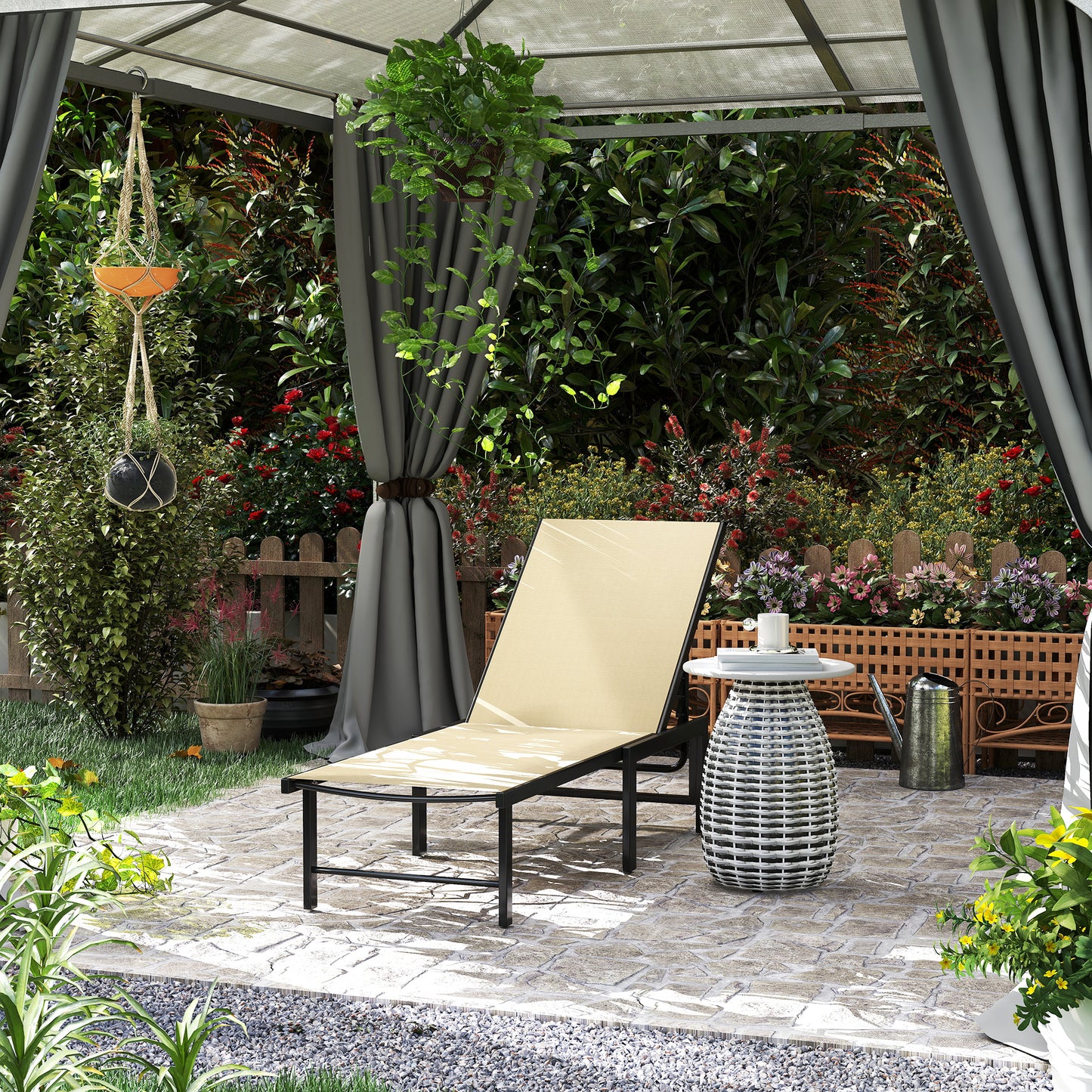 Sun Lounger, 5-Level Reclining Sunbed, Khaki