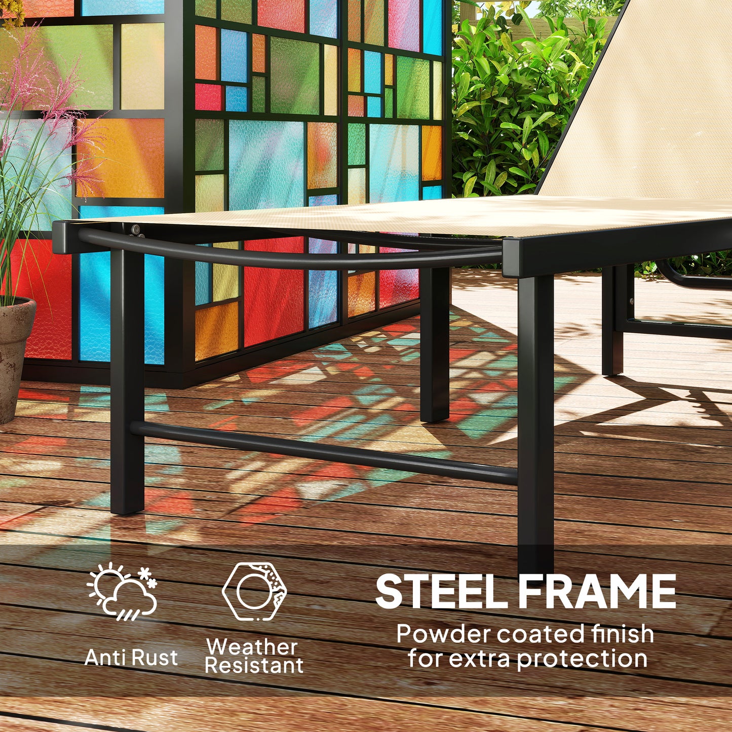 Sun Lounger, 5-Level Reclining Sunbed, Khaki