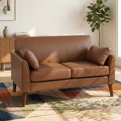 2 Seater Sofa, 132 cm Modern Small Sofa, PU Leather Upholstered Loveseat with Solid Wood Legs and 2 Pillows, Couch Settee for Small Space, Living Room, Bedroom, Home Office, Brown