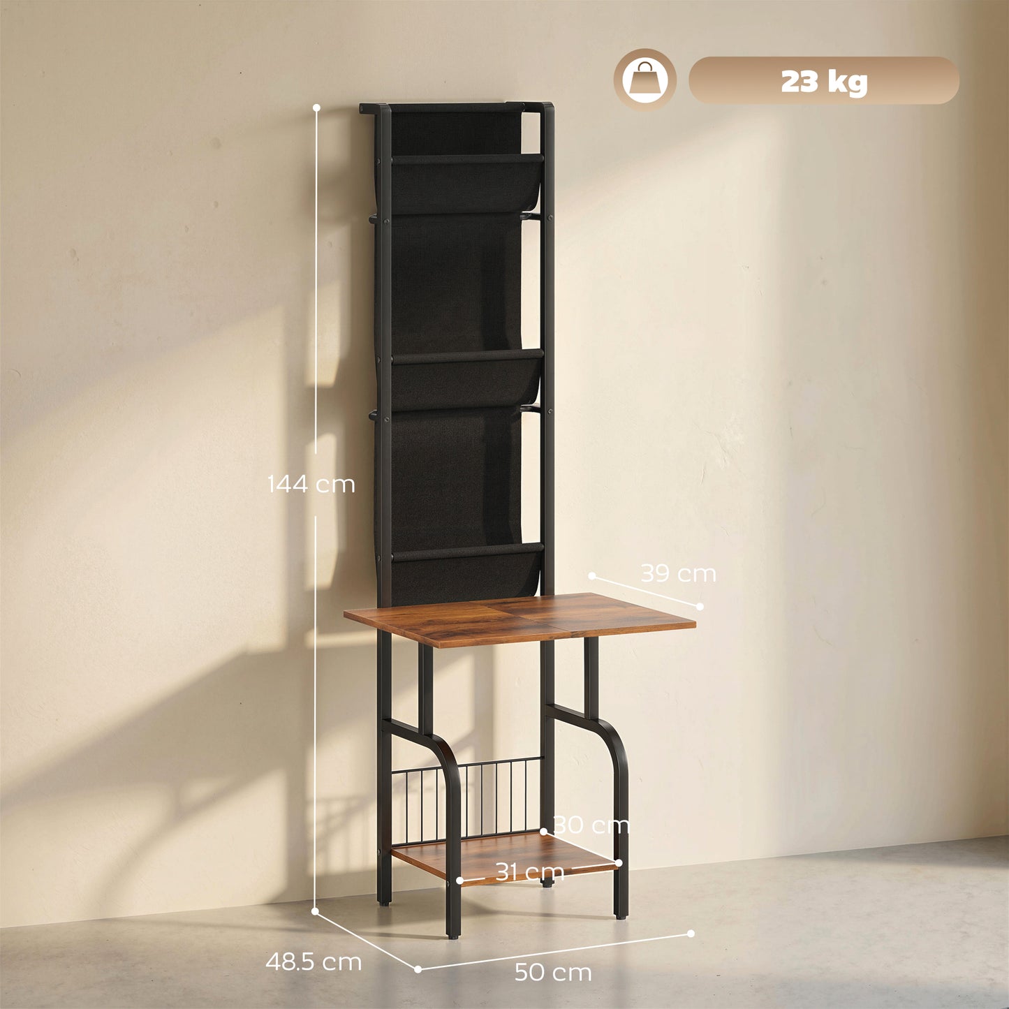 Vinyl Record Player Stand with Oxford Pockets Rustic Brown and Black