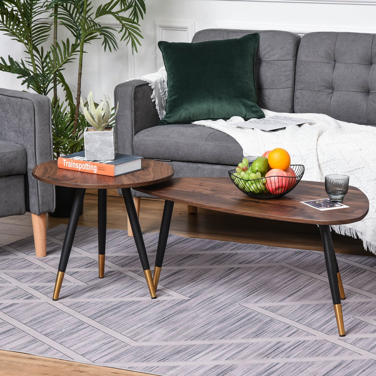 Coffee Table Set of 2 Nesting End Side Tables for Living Room, Walnut