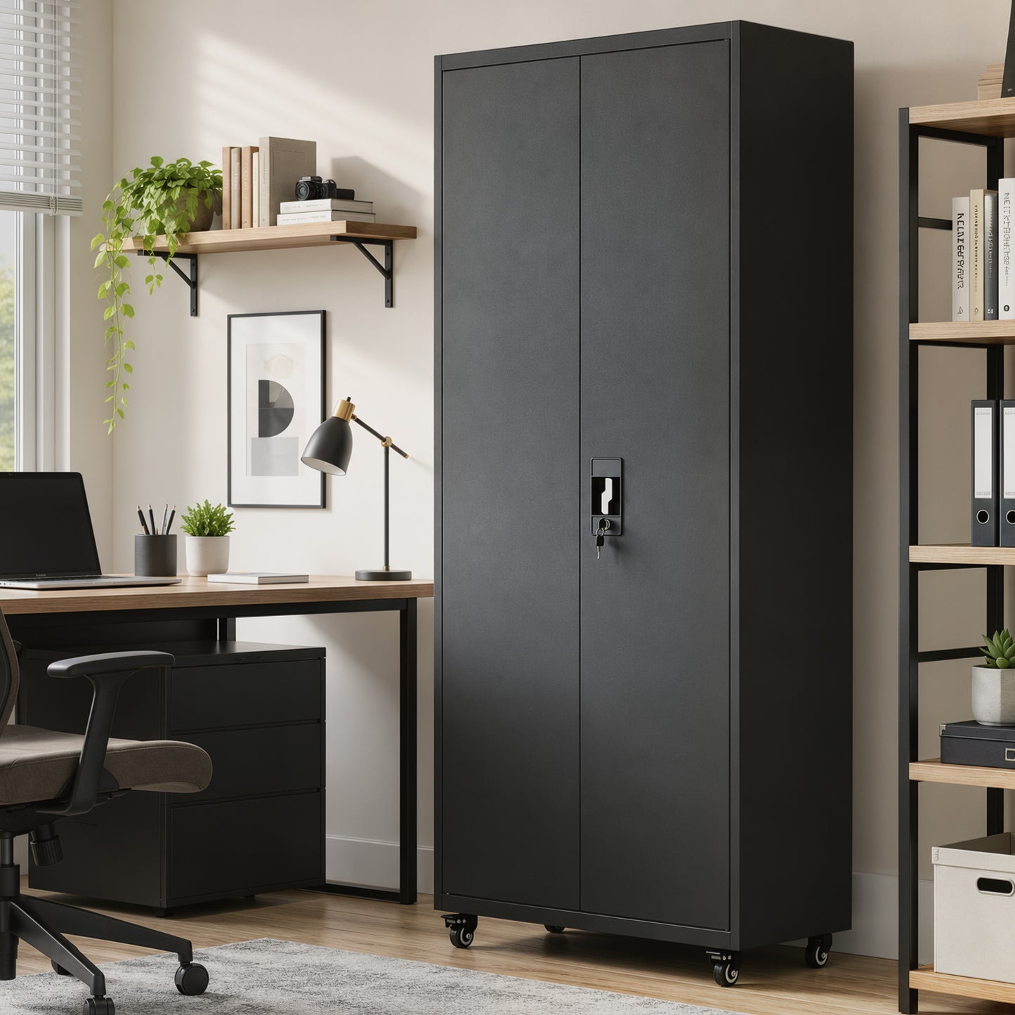 Metal Storage Cabinet with Removable Wheels and Adjustable Shelves