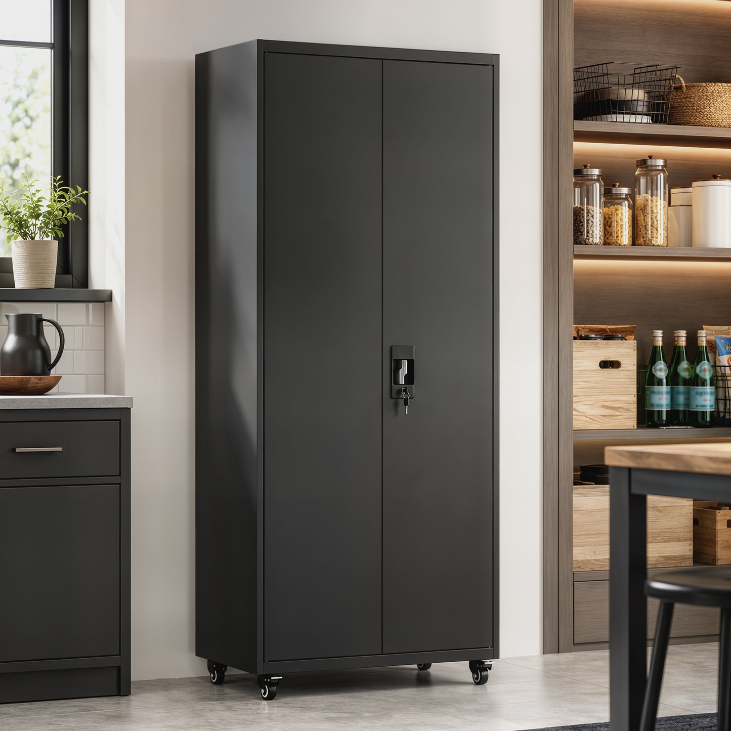 Metal Storage Cabinet with Removable Wheels and Adjustable Shelves