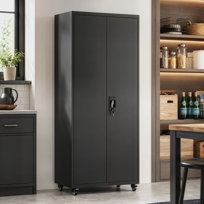 Metal Storage Cabinet with Removable Wheels and Adjustable Shelves
