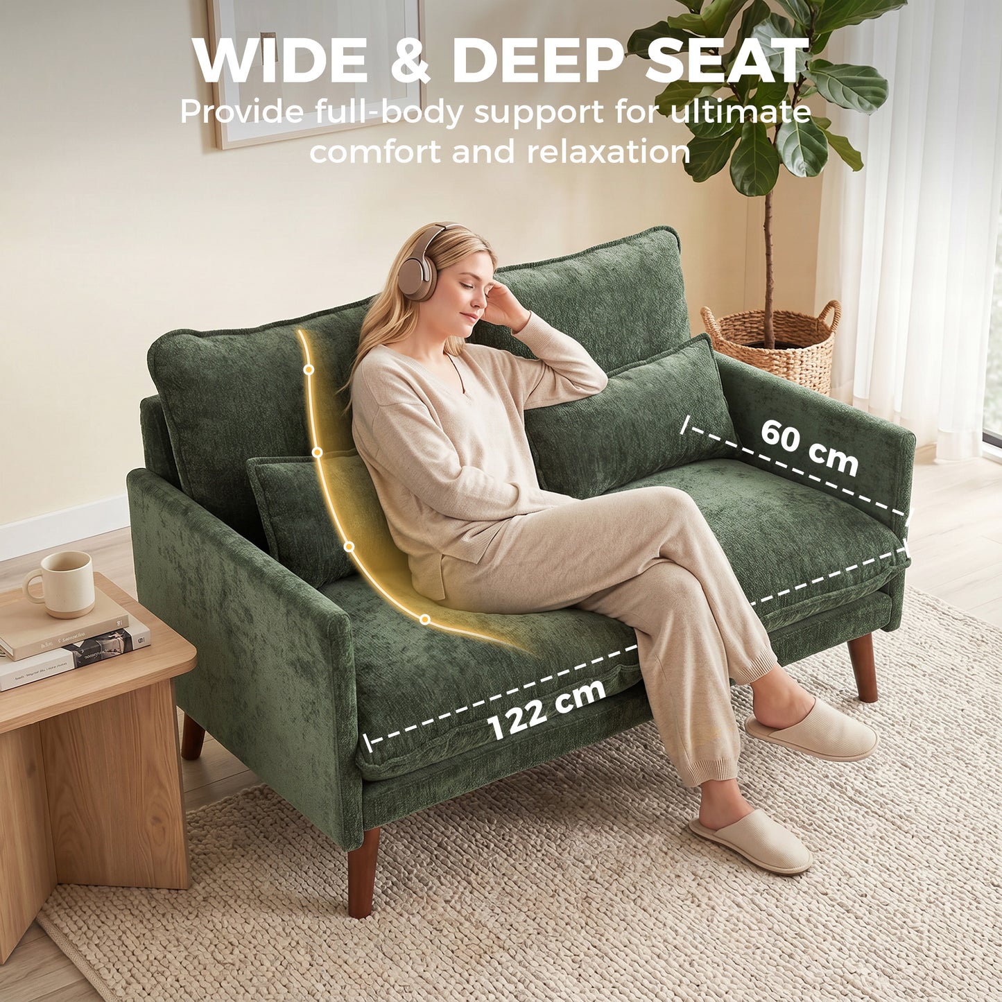 2 Seater Sofa, 131cm Velvet-Feel Fabric Loveseat Sofa with Spring Cushions, Wide and Deep Seat, Wood Legs, 2 Pillows, Modern Couch Settee for Small Space, Living Room, Bedroom, Office, Green